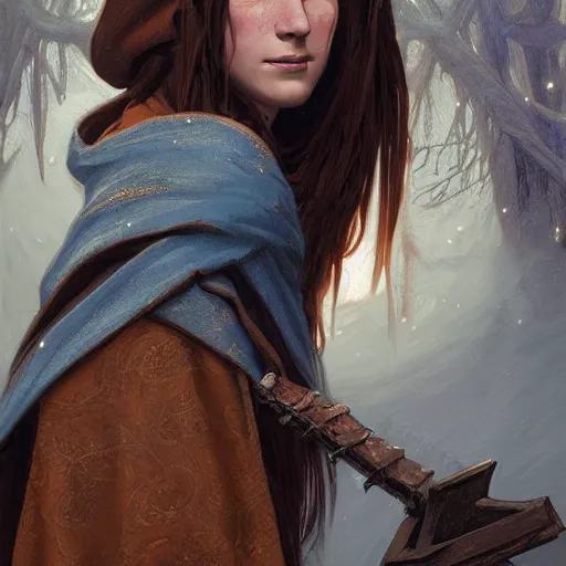 Prompt: portrait of a female wizard with brown hair wearing a blue hood and blue robe exploring a dark and sinister medieval village, fantasy, highly detailed, digital painting, artstation, concept art, character art, art by greg rutkowski and tyler jacobson and alphonse mucha