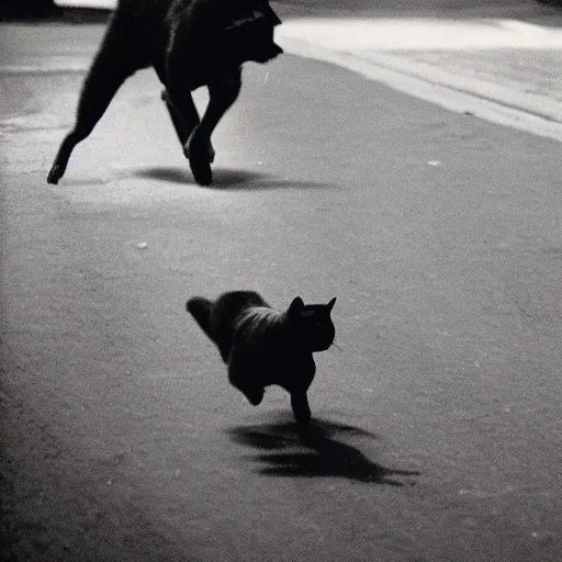 Image similar to a photo of a cat chasing a terrified dog, disposable film