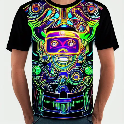 Image similar to hyperdetailed portrait of a futuristic trippy smiling robot head, 8 k, symetrical, flourescent colors, halluzinogenic, multicolored tshirt art, hajime sorayma, black background