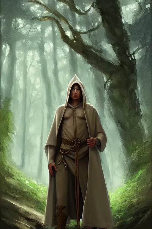 Prompt: beautiful, digital art, portrait painting of a male elf wizard, wearing linen hooded cloth. forest background. artstation, by bartek fedyczak, erak note, tooth wu, neil richards, kan liu, siwoo kim, jisu choe