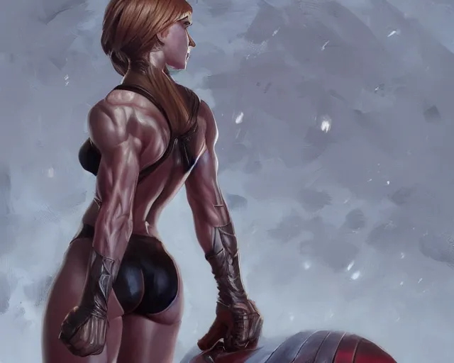 Image similar to oil painting of samus aran showing her muscular back, elegant, fantasy, hd shot, digital portrait, beautiful, artstation, comic style, by artgerm, guy denning, jakub rozalski, magali villeneuve and charlie bowater