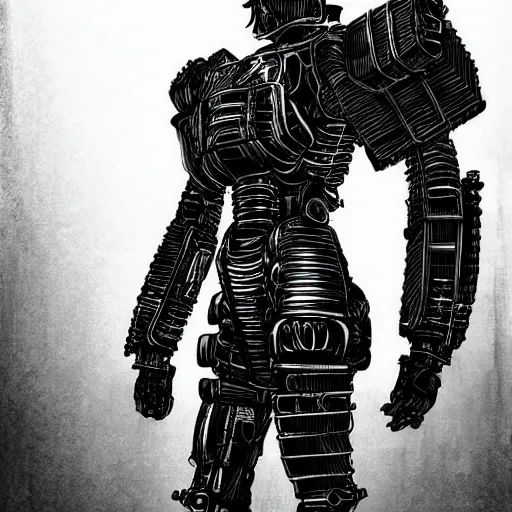 Image similar to a vertical portrait of a manga character in a scenic environment by nihei tsutomu, black and white, cybernetic armor, highly detailed