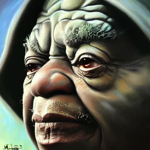 Prompt: ultra realistic portrait painting of morgan freeman as yoda, art by frank frazetta, 4 k, ultra realistic, highly detailed, epic lighting