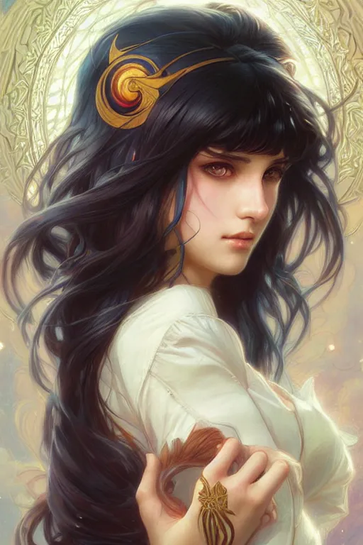 Image similar to a beautiful girl with long dark hair and bangs, sailor moon aesthetic, fantasy, intricate, elegant, highly detailed, digital painting, artstation, concept art, matte, sharp focus, illustration, art by Artgerm and Greg Rutkowski and Alphonse Mucha