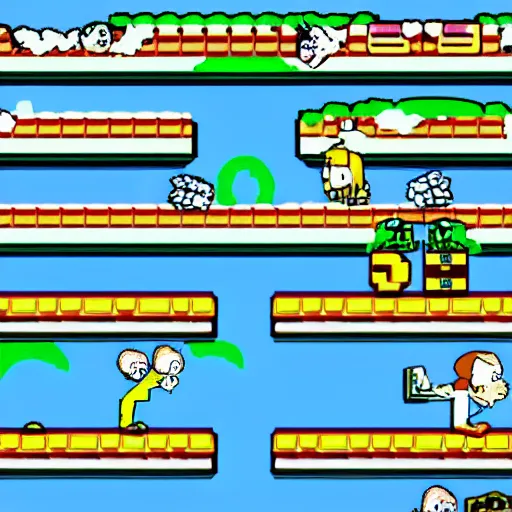 Prompt: Rick and Morty as characters in SNES Super Mario Bros, pixelated, 8bit, jumping