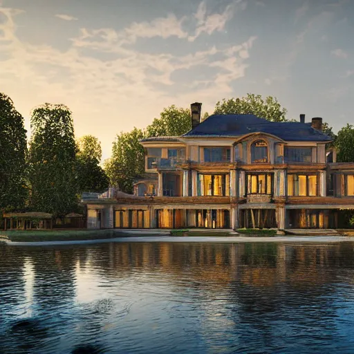 Image similar to a modern country house on the lake, golden hour, spotlight, backlight, sunlight, volumetric light, ray tracing reflections, insanely detailed and intricate, hypermaximalist, elegant, ornate, hyper realistic, super detailed