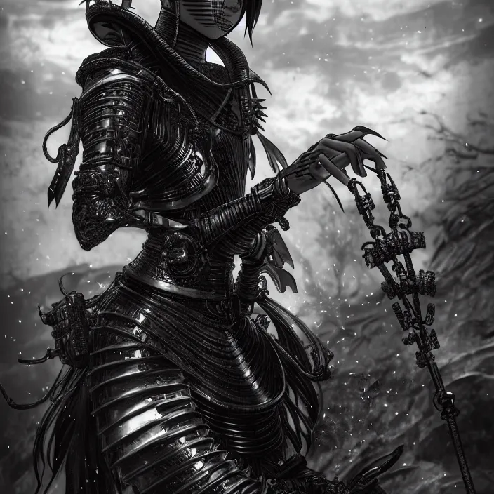 Image similar to a vertical portrait of a manga character in a scenic environment by nihei tsutomu, black and white, dreamy, steampunk armor, highly detailed, 3 d render, vray, octane