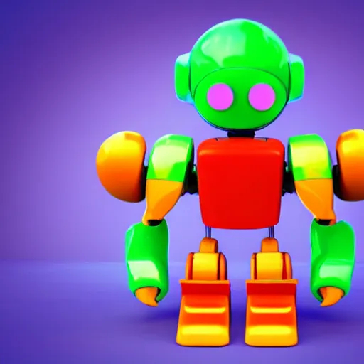 Image similar to high quality 3 d render made with blender of a colourful robot made of fisher price toys being driven by a smaller happy robot. the background is a purple gradient