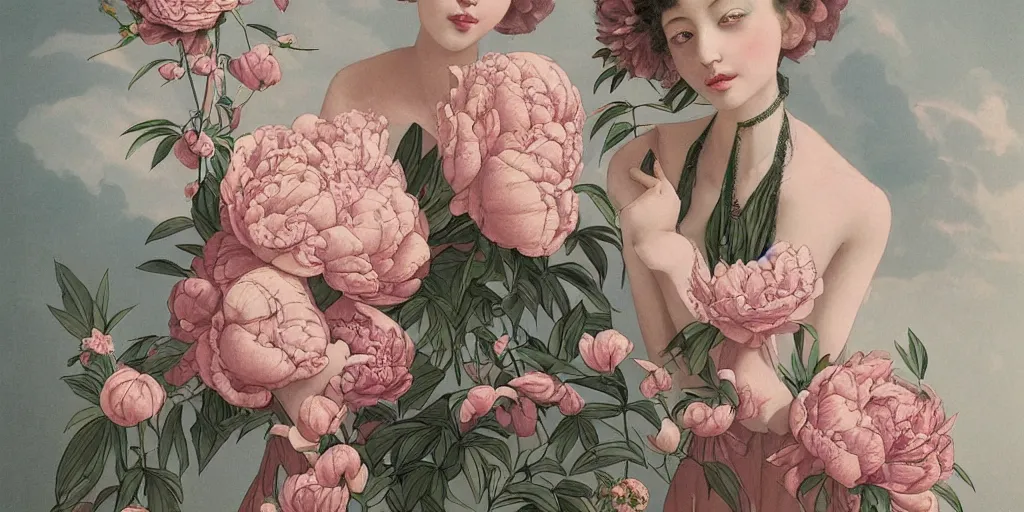 Prompt: breathtaking detailed concept art deco painting blend of pink short hair goddesses of peonies by hsiao - ron cheng with anxious piercing eyes, vintage illustration pattern with bizarre compositions blend of flowers and fruits and birds by beto val and john james audubon, exquisite detail, extremely moody lighting, 8 k