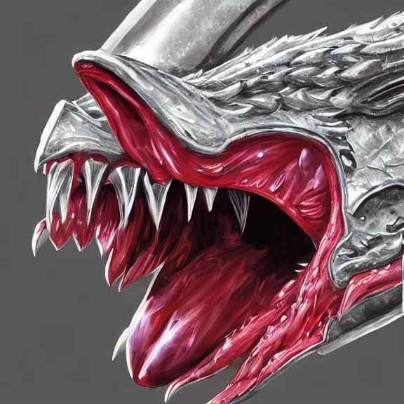 Image similar to close up mawshot of a cute elegant beautiful stunning hot anthropomorphic female robot dragon, with sleek silver metal armor, glowing OLED visor, facing the camera, the open dragon maw being highly detailed, with a gullet at the end and a long tongue, you looking into the maw, food pov, micro pov, vore, digital art, pov furry art, anthro art, furry, warframe art, high quality, 3D realistic, dragon mawshot art, maw art, macro art, micro art, dragon art, Furaffinity, Deviantart, Eka's Portal, G6