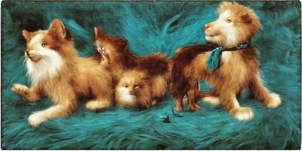 Prompt: 3 d precious moments plush animal, realistic fur, teal, silver, and gold palette, master painter and art style of john william waterhouse and caspar david friedrich and philipp otto runge