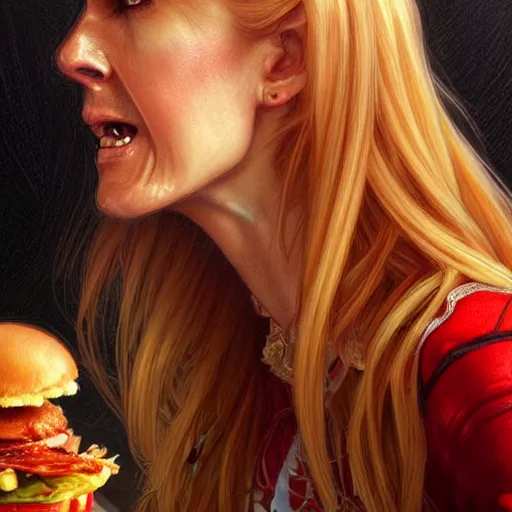 Prompt: Ann Coulter eating Wendy's baconators, closeup, D&D, fantasy, intricate, elegant, highly detailed, digital painting, artstation, concept art, matte, sharp focus, illustration, art by Artgerm and Greg Rutkowski and Alphonse Mucha