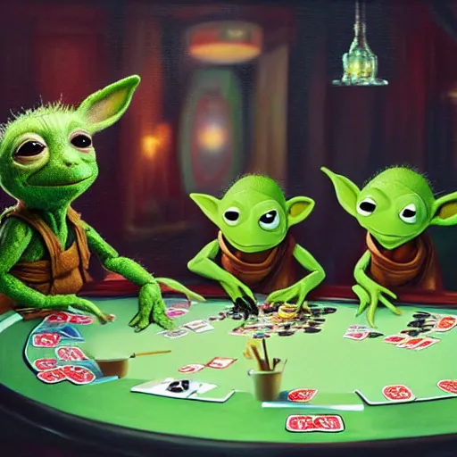 Prompt: baby groot, baby yoda, and kermit the frog all playing poker, painting, 4k, high-res