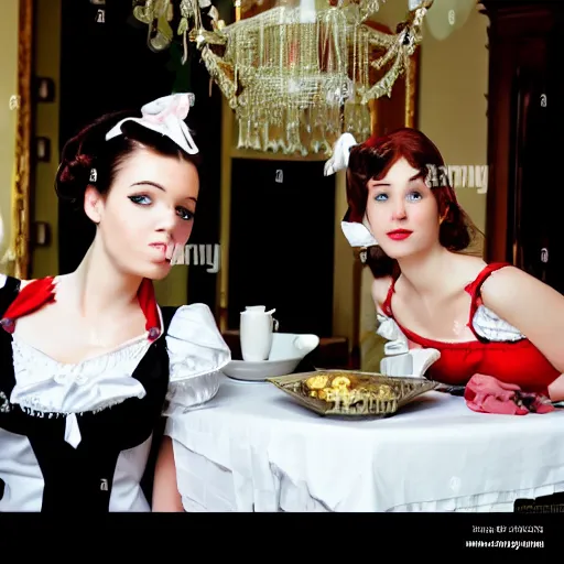 Image similar to ladies versus butlers! french maid laying on dining room table, innocent face, cute pose