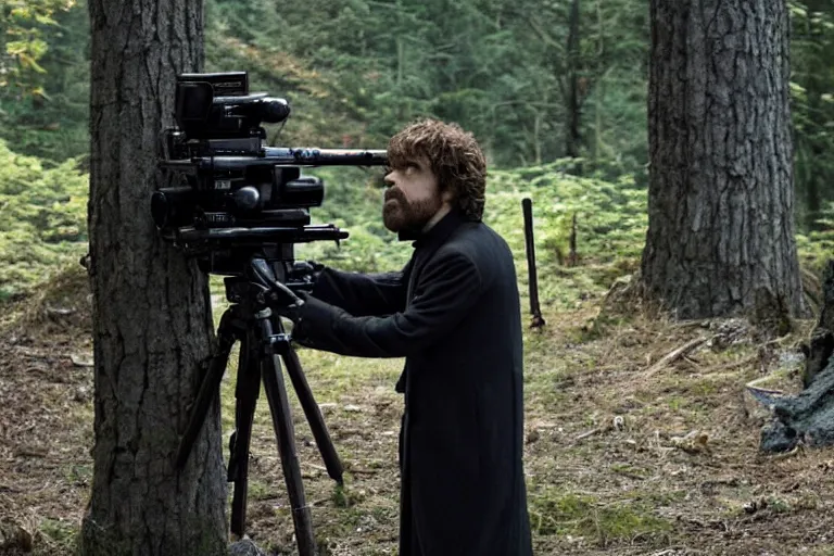 Image similar to peter dinklage shooting lighting as a wizard, movie still, from the new blair witch project movie, 8 k, realistic