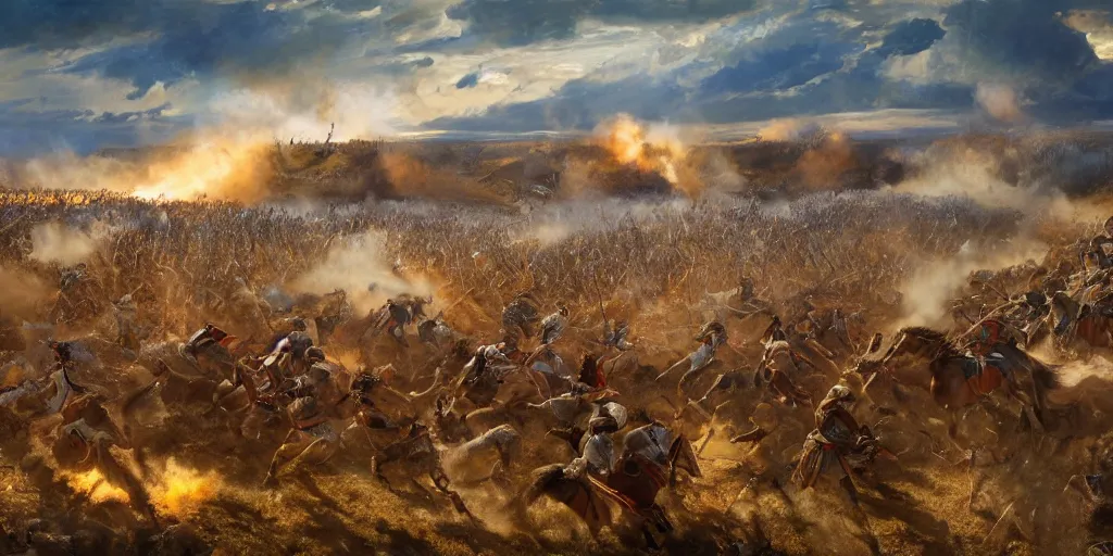 Prompt: zoom in on the battle of little bighorn ( 1 8 7 6 ), majestic sweeping action, cinematic lighting, dramatic lighting, cinematic lighting, hyperdetailed, trending on rendered in ue 5, digital art, oil on canvas, artstation cgsociety, 8 k, 4 k