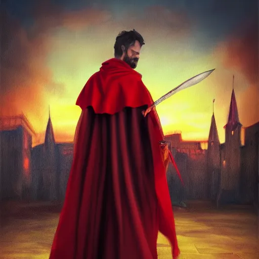 Image similar to man wearing a cloak and holding two red daggers, cinematic, sunset, medieval city background, painting, art