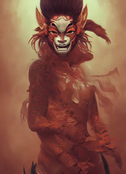 Image similar to a beautiful detailed oil on copper art illustration of a japanese oni kitsune mask devil woman, the mask is broken, centered, by charlie bowater, zeng fanzh, trending on artstation, dim dusk lighting, cinematic lighting, detailed lighting, volumetric lighting, realistic, f 8, 4 k hd wallpaper