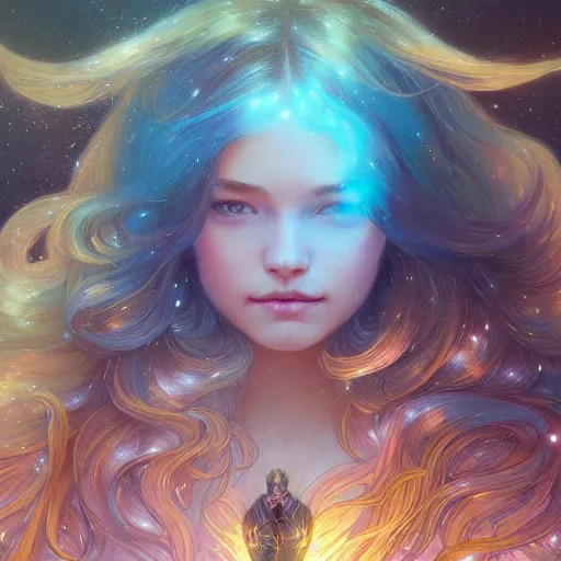 Image similar to aurora, girl with super long hair, hair becoming bright stars, intricate, highly detailed, digital painting, artstation, concept art, smooth, sharp focus, illustration, unreal engine 5, 8 k, art by artgerm and greg rutkowski and alphonse mucha