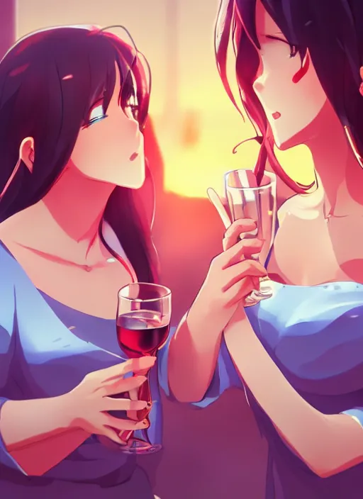 Image similar to two beautiful mothers drinking on a hot summer evening, summer clothes, gorgeous faces, thick lines, cinematic lighting, detailed anime art