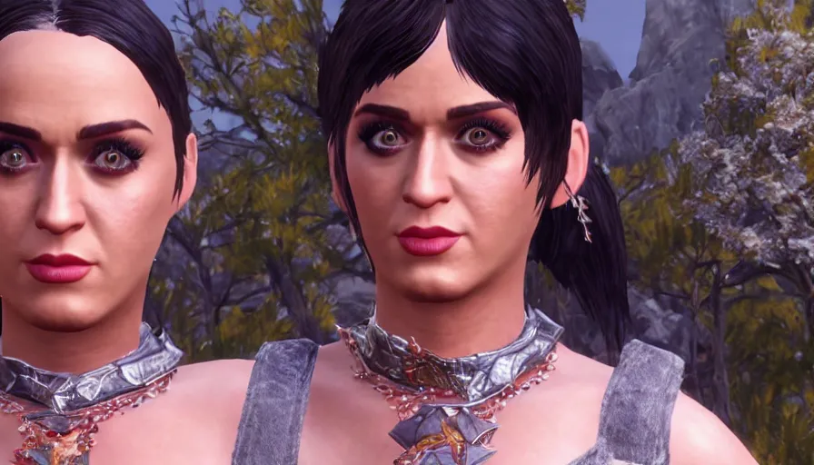 Prompt: character screenshot of katy perry, skyrim, enb, 4 k, bokeh, beautiful, detailed