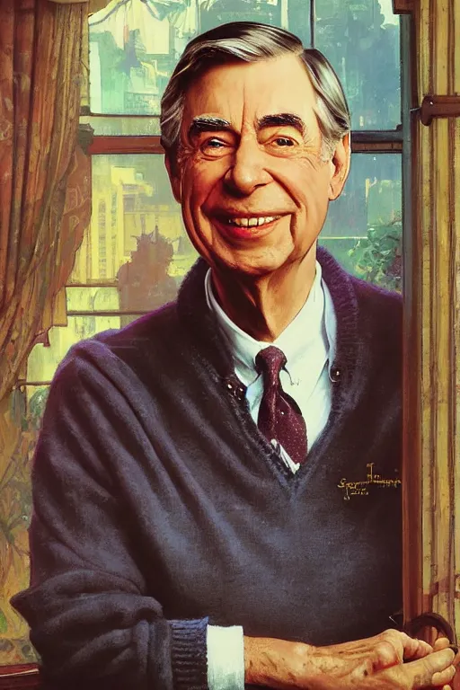 Image similar to Mister Rogers portrait by Stanley Artgerm Lau, greg rutkowski, thomas kindkade, alphonse mucha, loish, norman Rockwell