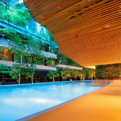 Image similar to The atrium of a refurbished contemporary building filled with tropical plants and lush swimming pool, project by Kengo Kuma, blue hour, cinematic, 4k