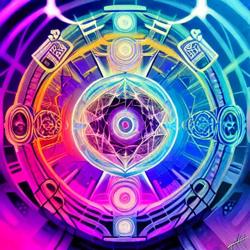 Image similar to a netrunner vortex mandala, vaporwave aesthetic, colorful, psychedelic, digital painting, artstation, concept art, smooth, sharp focus, illustration, art by artgerm and greg rutkowski and alphonse mucha