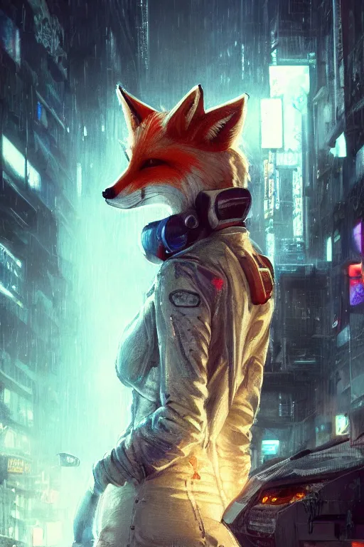 Image similar to beautiful portrait of a tall white female anthro fox smoking a cigarette towering head and shoulders above the bustling crowd of a rainy city street around her, cyberpunk clothes, cyberpunk, harsh neon lights, highly detailed, sharp focus, digital painting, illustration, trending on artstation, art by sakimichan, wlop, greg rutkowski