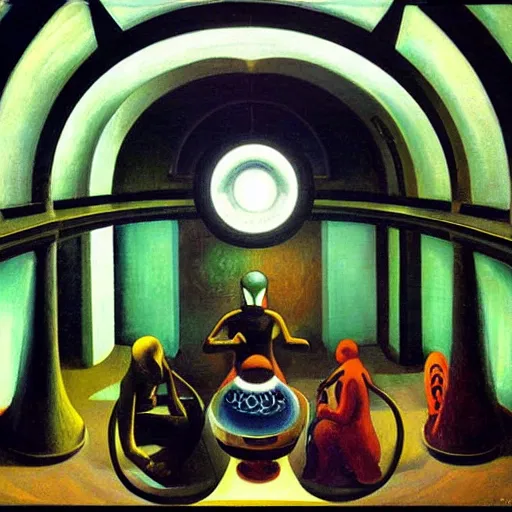 Image similar to three biomorphic robotic seers watchers oracles soothsayers with glowing eyes portrait, inside a dome, pj crook, grant wood, edward hopper, syd mead, chiaroscuro, oil on canvas