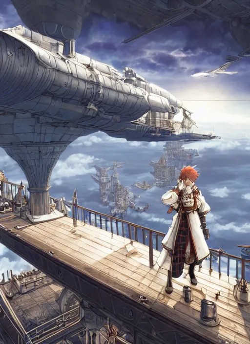 Image similar to character portrait of the white herald on the deck of an imperial airship in the sky, hidari, color page, tankoban, 4K, tone mapping, Akihiko Yoshida.