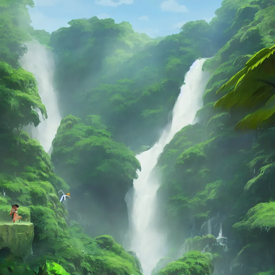 Prompt: Goro Fujita illustrating Front view of a gigantic waterfall surrounded by the Amazon, there are no animals or people, only vegetation, concept art, sharp focus, highly detailed, ArtStation