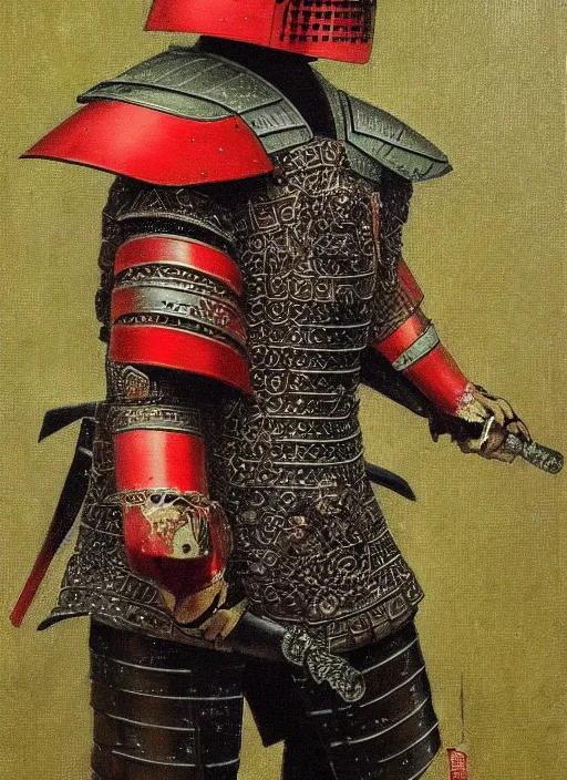 Prompt: a japanese samurai but his armor is greeen, little bit red, damaged and the helmet is almost futuristic, very detailed oil painting, dark and realistic, japanese art art