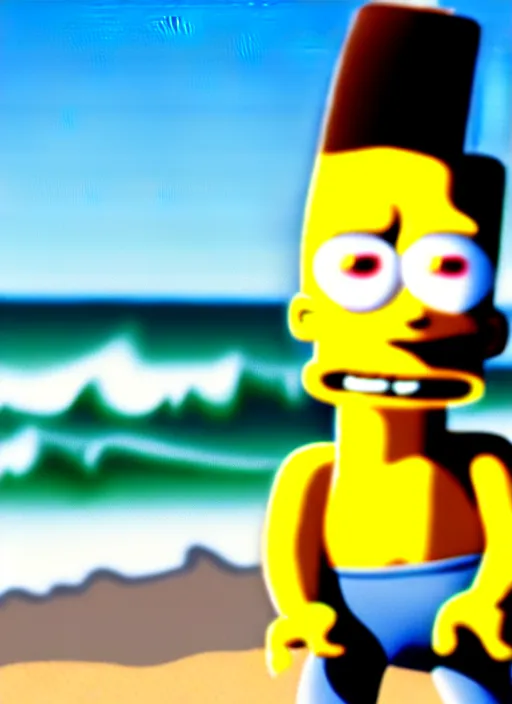 Image similar to professional photo of bart simpson, with muscular fit body and very very very detailed face, on the beach at noonday, blur background, original simpsons cartoon style