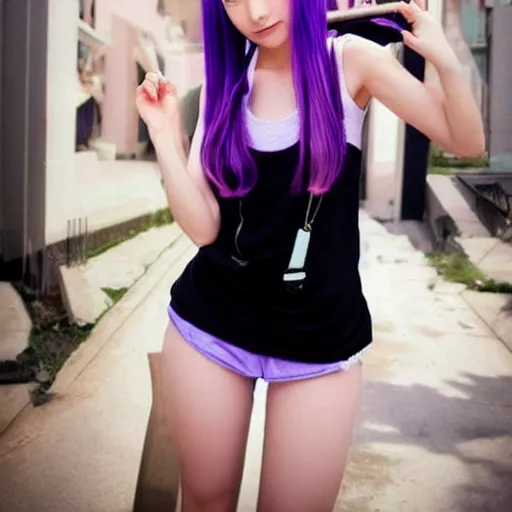 Prompt: anime girl with short purple hair and cat ears and a black tank top, aesthetic