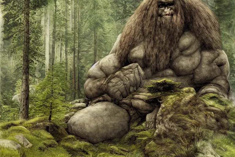 Image similar to huge mountain troll in a swedish forest, very low angle photograph, very detailed, trending on artstation, realistic, soft colors, illustration by john bauer