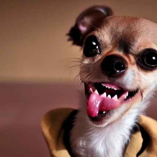 Image similar to creepy chihuahua baring its teeth with soulless evil eyes