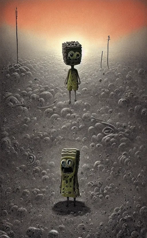 Image similar to spongebob squarepants in style of zdzisław beksinski, standing in wasteland, horror art, creepy, desolate, spongebob, spongebob, spongebob, spongebob