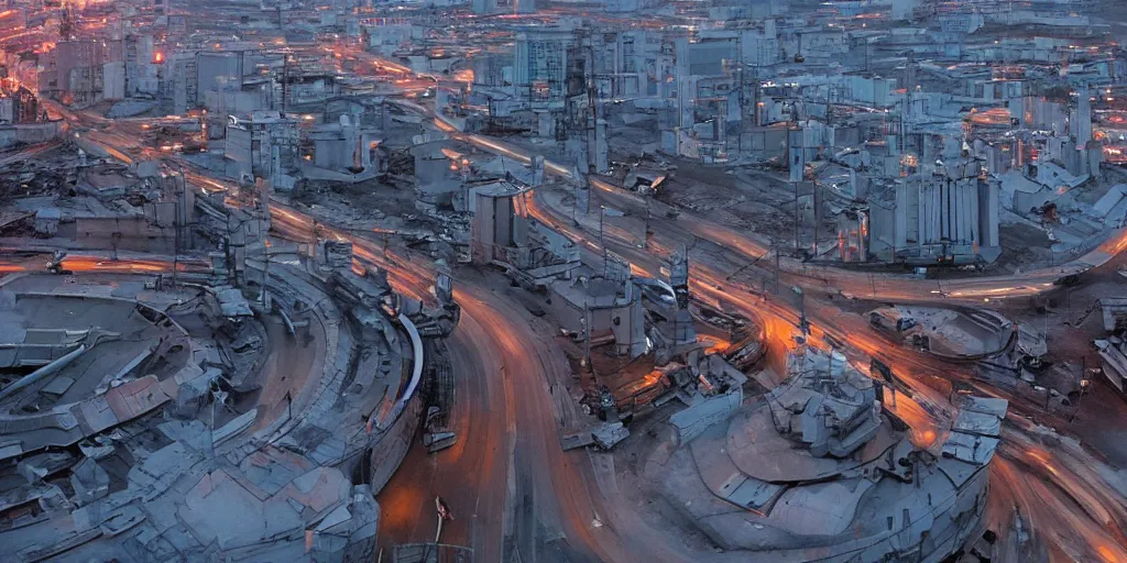 Image similar to cinematic shot of norilsk russian orbit city cityscape, telephoto, iconic scene from the paranoid thriller sci fi film directed by stanley kubrick, anamorphic cinematography, beautiful composition, color theory, leading lines, photorealistic, moody volumetric lighting