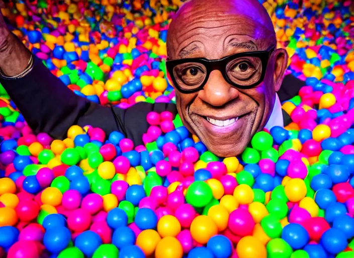 Image similar to photo still of al roker in a ball pit!!!!!!!! at age 4 6 years old 4 6 years of age!!!!!!!! hiding from parents, 8 k, 8 5 mm f 1. 8, studio lighting, rim light, right side key light