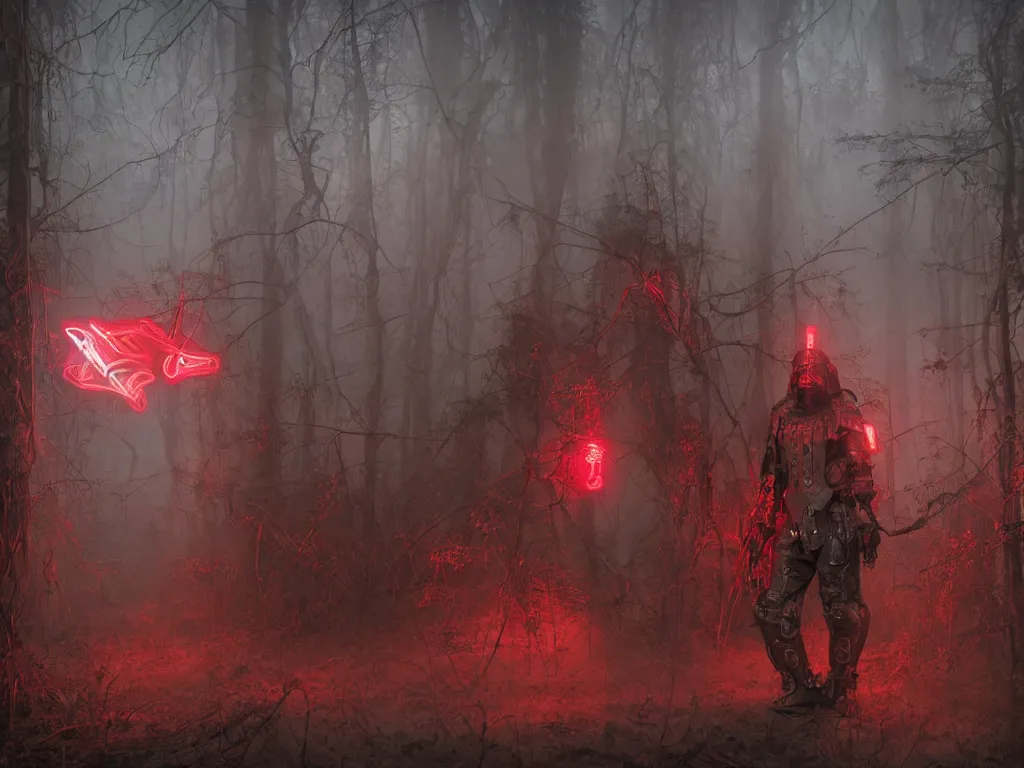 Prompt: between mystical misty swamps a renaissance style soldiers unit in red hoods with giant dieselpunk-style exoskeletons, armed with edged weapons, battles otherworldly werewolves. Volumetric lighting bioluminescence, plasma, neon, brimming with energy, electricity, power, Colorful Sci-Fi Steampunk, Dieselpunk Biological Living, cel-shaded, depth, particles, lots of reflective surfaces, subsurface scattering
