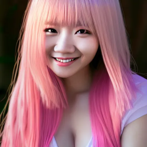 Image similar to beautiful hyperrealism selfie of nikki from shining nikki, a cute 3 d young woman smiling sofly, long light pink hair and full bangs, flushed face, small heart - shaped face, amber eyes, chinese heritage, golden hour, 8 k, instagram