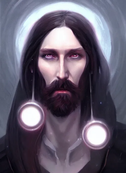 Image similar to « a portrait o cyberpunk rasputin, glowing eyes, a digital painting by charlie bowater, featured on cgsociety, fantasy art, behance hd, wiccan, artstation hd »