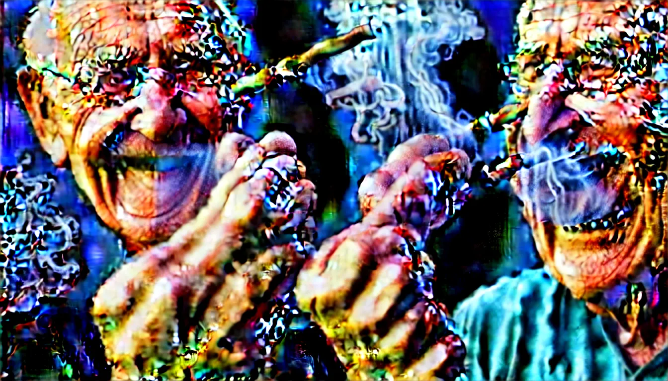 Image similar to hyper realistic color photo, portrait of a single weathered old man, aesthetic laughing woman smoking pipe, cables, vapour emerge from their eyes, dramatic lighting and shadow!!, full colour, upscale, 8 k, masterpiece