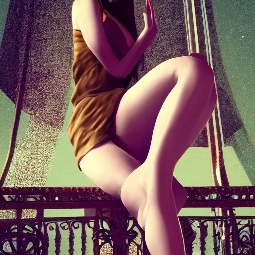 Image similar to A young beautiful giantess wearing a sundress sitting on the Eifel tower,her feet are visible and in focus ,detailed body and face, beautiful lighting,digital art , highly detailed , high contrast, beautiful lighting, award winning , trending on art station, 8k, photorealistic,unreal engine 5