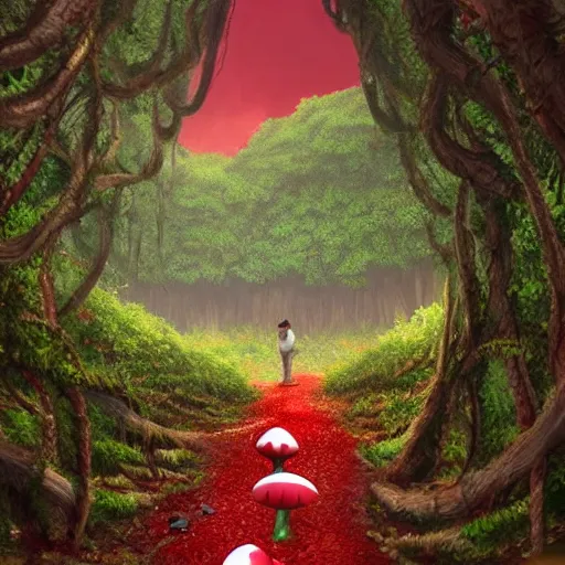 Image similar to a forest of giant red and white spotted mushroom, exotic foliage, Mario walking along path, piranha plants hanging from vines, artstation, matte painting, colorful, beautiful, cinematic lighting