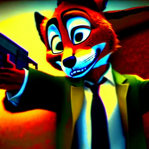 Image similar to nick wilde as max payne in max payne 3 set in gritty neo - noir zootopia, favela level