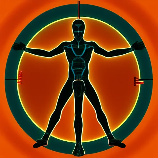 Image similar to vitruvian man, portrait, vaporwave, synthwave, neon, vector graphics, cinematic, volumetric lighting, f 8 aperture, cinematic eastman 5 3 8 4 film