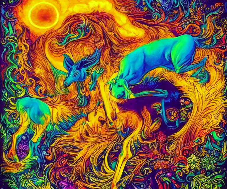 Image similar to the wildest dream, vivid colors, golden hour, psychedelic art, magical creatures