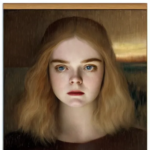 Image similar to Elle Fanning at a diner, head and shoulders portrait, stormy weather, extremely detailed masterpiece, Roger Deakin’s cinematography, oil on canvas, Da Vinci,